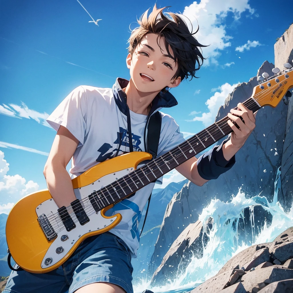 "A young man with an electric guitar in a mountain, raising one arm towards the blue sky and looking up with an expression of excitement and freedom."
Be careful to make more arms than normal and also be careful with facial features.