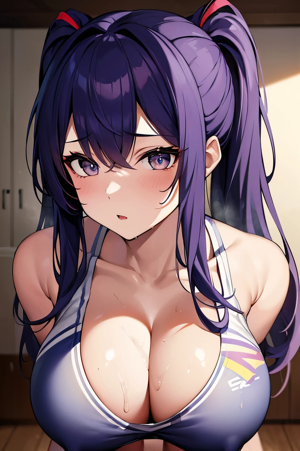 Masterpiece, Best Quality, Beautiful Girl, Beautiful Face, Multi-Colored Hair, Cheerleader, Sweat, Wet Skin, Big Breasts, Cleavage,