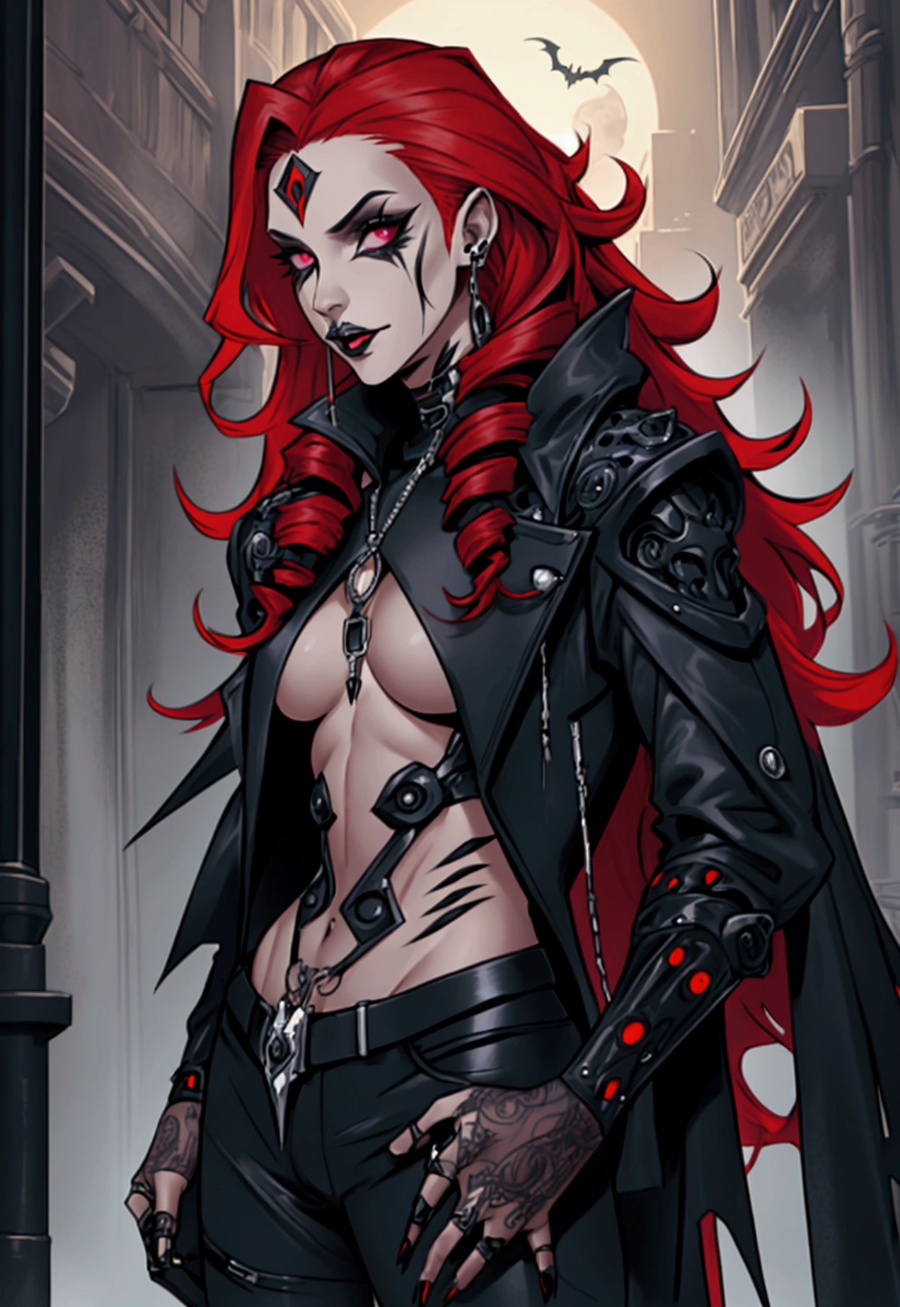 Hole body, clothing, Futuristic drag queen clothing ideas, futuristic goth, tan lattin skin, ultra detailed, poisonous, long curly red hair, future goth, future vampire, future halloween