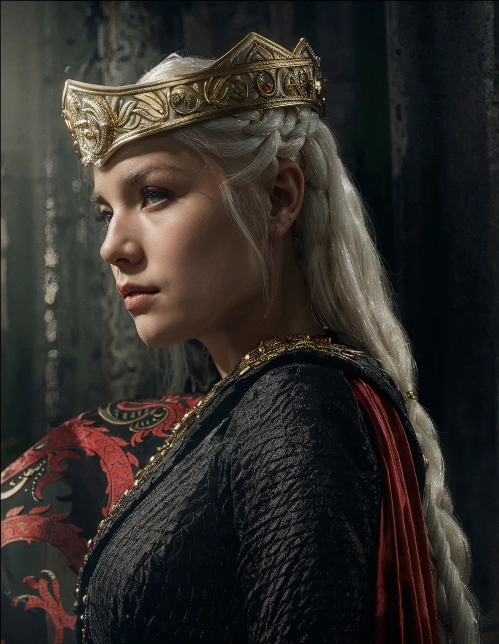 Beautiful albino woman with detailed braided medieval hairstyle (updo) (white hair), wearing detailed medieval gown (red and black colours), with gold accessories and gold tiara, medieval queen, medieval woman,queen,game of thrones style,daenerys targaryen style, high quality, very detailed,hd quality, masterpiece