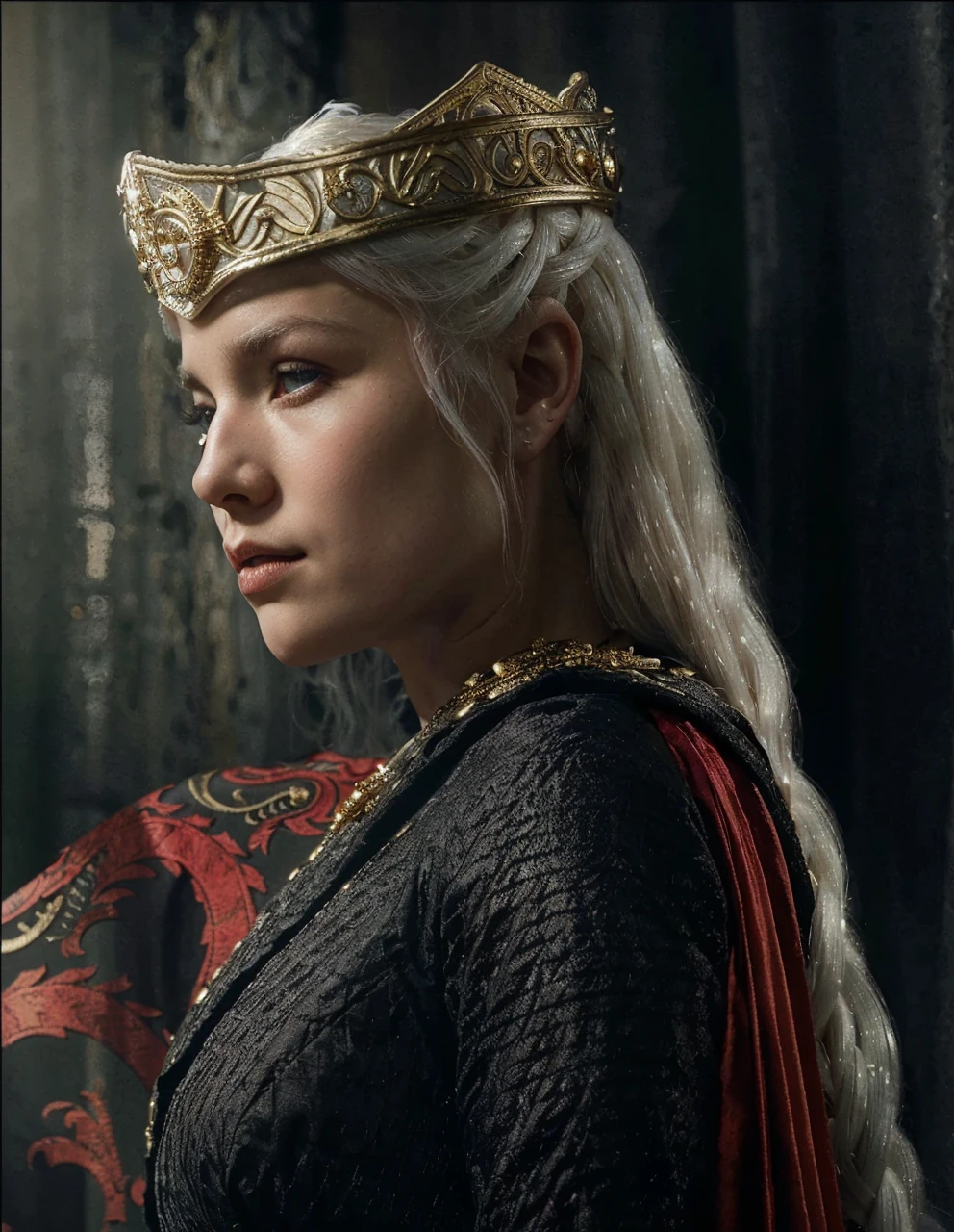 Beautiful albino woman with detailed braided medieval hairstyle (updo) (white hair), wearing detailed medieval gown (red and black colours), with gold accessories and gold tiara, medieval queen, medieval woman,queen,game of thrones style,daenerys targaryen style, high quality, very detailed,hd quality, masterpiece