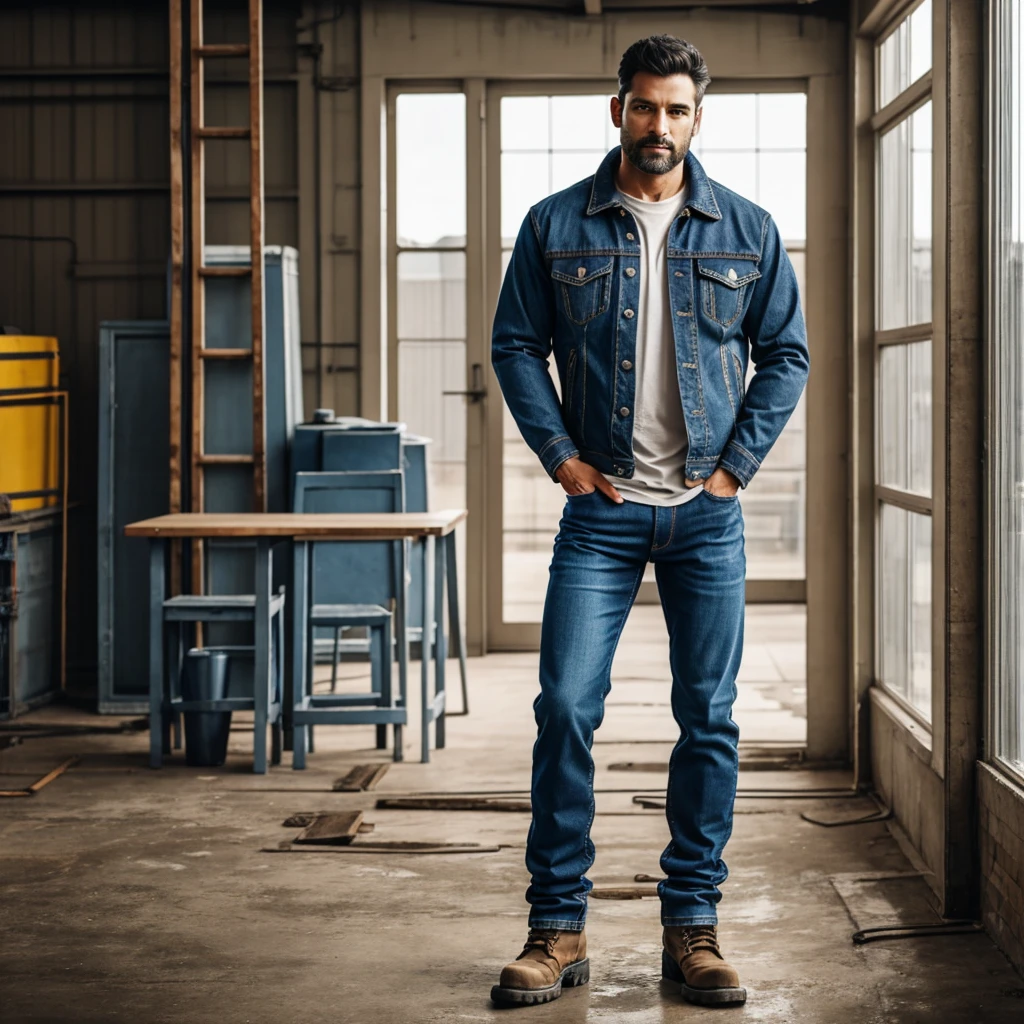A man, in jeans, work boots, a jacket, realistically, standing upright