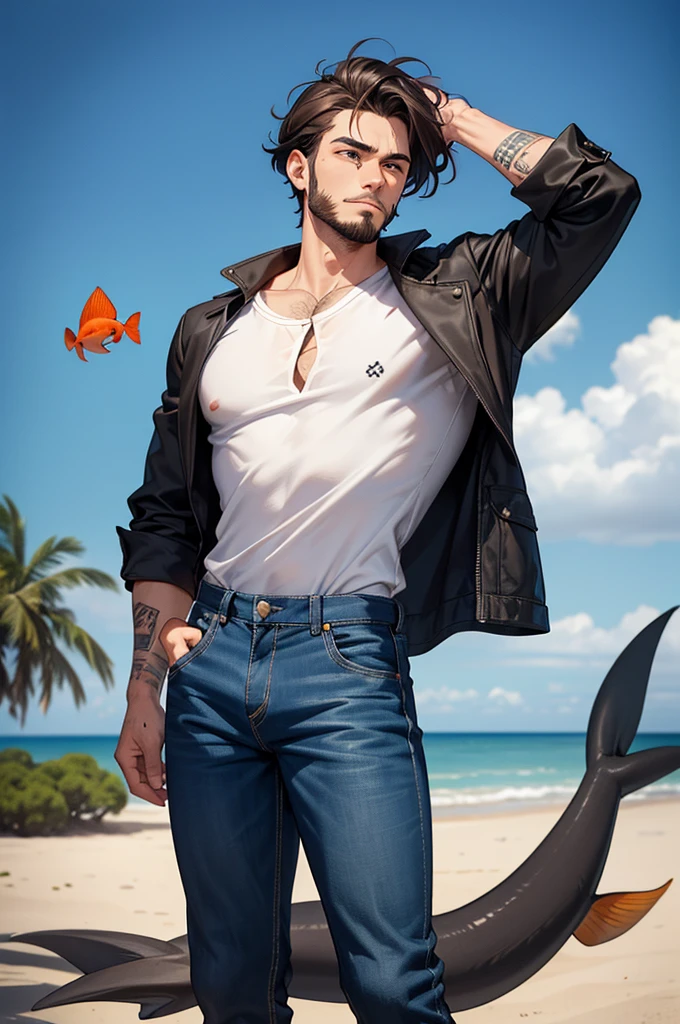 Elias Nogueira is a 24-year-old boy with a thin beard and a bit of a goatee appearing on the tip of his chin., he is approximately 1.76m tall has a slim physique, He also has a tattoo of an orange fish on his right forearm and is wearing a simple button-down cotton shirt that is open., denim trousers, he is brown with medium hair and tied back so as not to obstruct his vision, Elias has a claw scar on his cheek from an accident involving sharks.. He is standing still and the image must appear from head to toe of the character