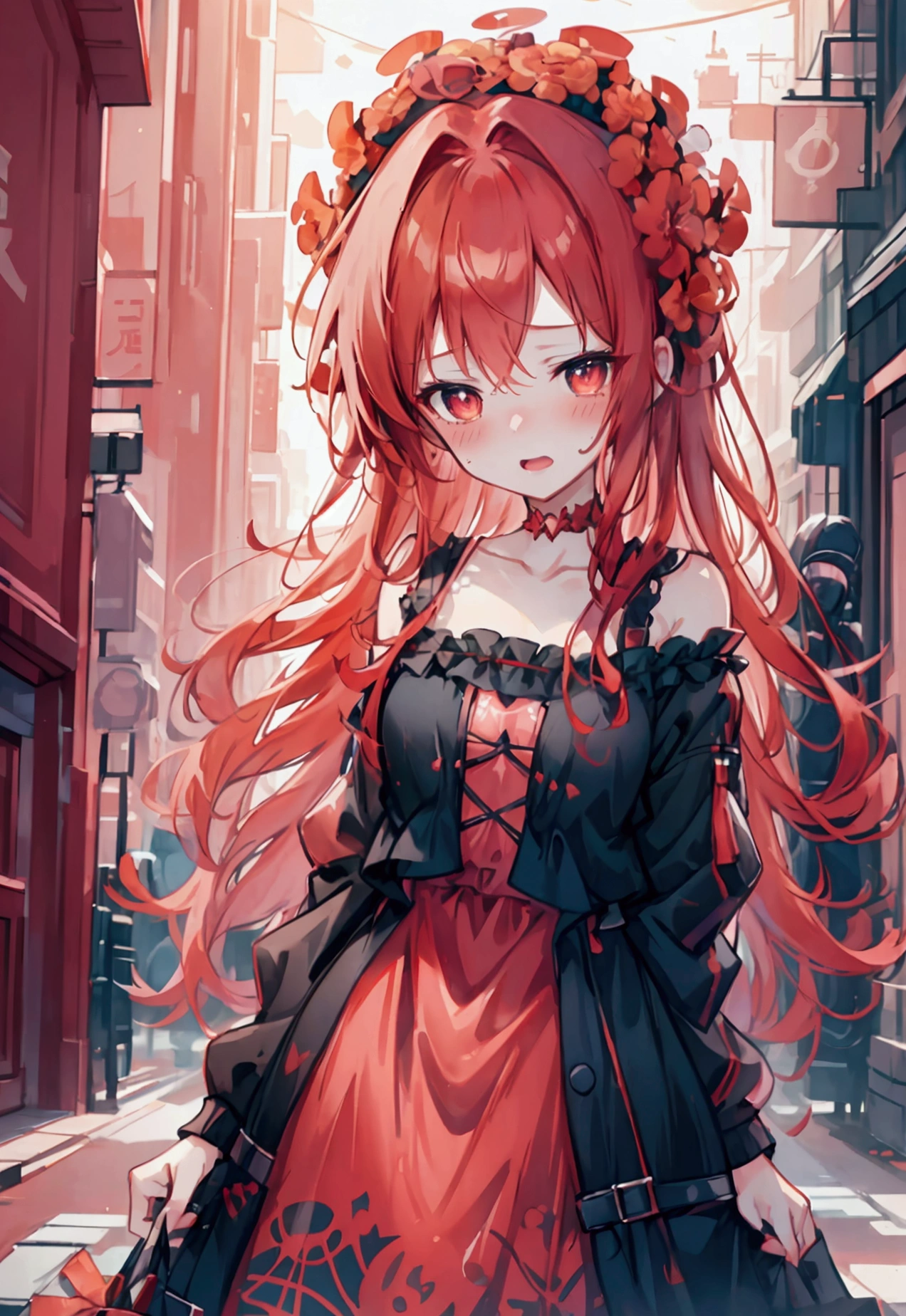 (embarrassed), red hair, orange hair, WeriArt Style, 1girl, blush, upper body, highly detailed eyes, hires, collarbone, frilled dress, open mouth