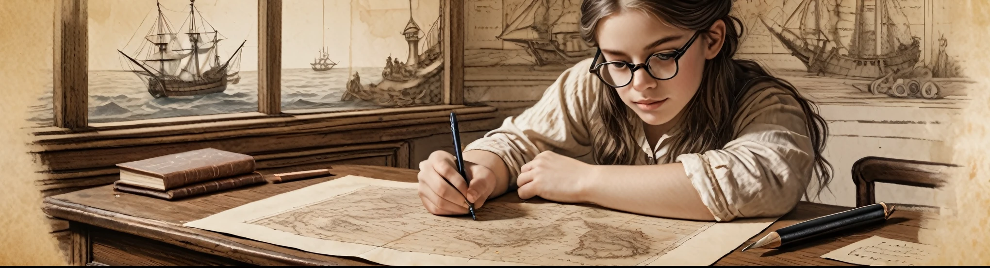 Portrait of a beautiful Victorian girl with glasses at a table, writing text into an ancient manuscript; beautifully detailed, well-proportioned face with realistic, detailed eyes(a concentrated look at the manuscript in front of her, passionate about work), Beautiful hands, beautiful graceful fingers holding a writing pen; drawn on paper,sketch,old parchment,pencil sketch,Stereoscopic light and shadow,against the background of a pirate treasure map, image of a girl to the right of the center of the picture at the edge,
(Detailed map of Treasure Island on ancient parchment, Rose of Wind, compass), documentation,Rich and delicate strokes,