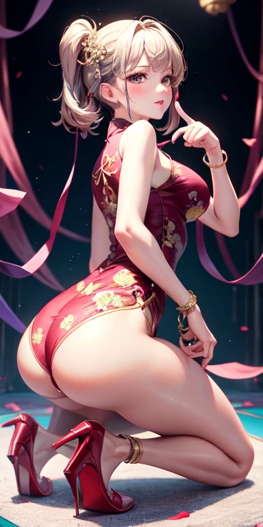 The best quality，Masterpiece，Final resolution，velloso，Very colorful，Cheongsam beauty，a milf，and cheongsam，kneeling pose，（Pointing at your ass），neck，anklets，high heels，high heels，correct posture