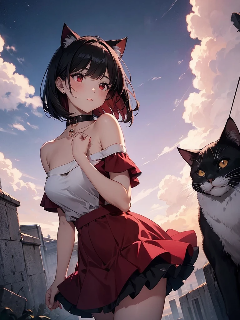 Delicate and dainty young woman with shiny bob-cut black hair and cat ears. She is wearing an off-the-shoulder red mini-skirt dress. The background is a fantastic and ethereal night sky that seems to be haunted by a specter. Her expression is stern and atmospheric. Angle from directly below.