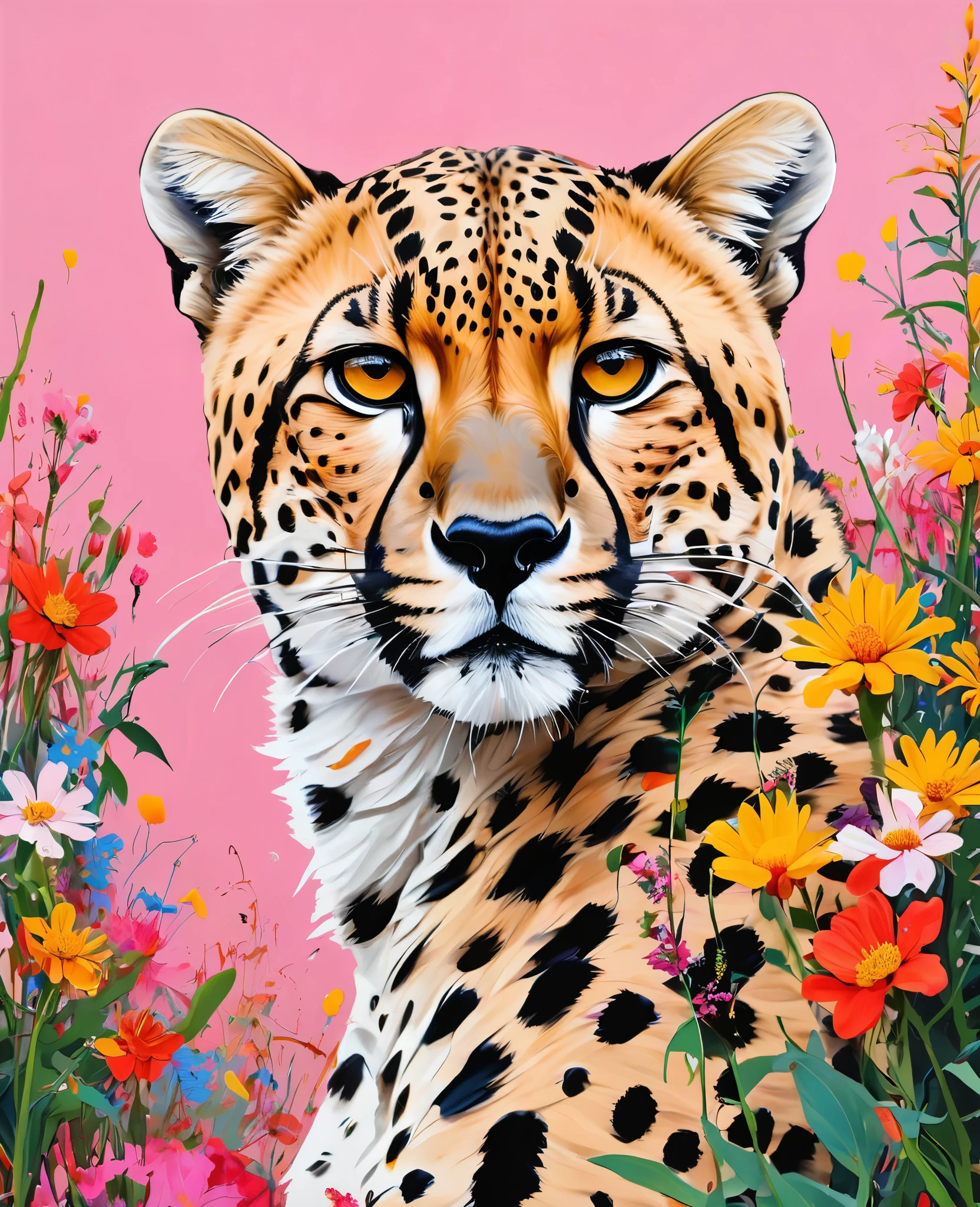 Graffiti, scribble, Comics by Petra Cortright, best quality, masterpiece, cheetah surrounded with flowers artwork, Representative work, official art, Professional, Ultra intricate detailed, 8k, cheetah art, colourful background