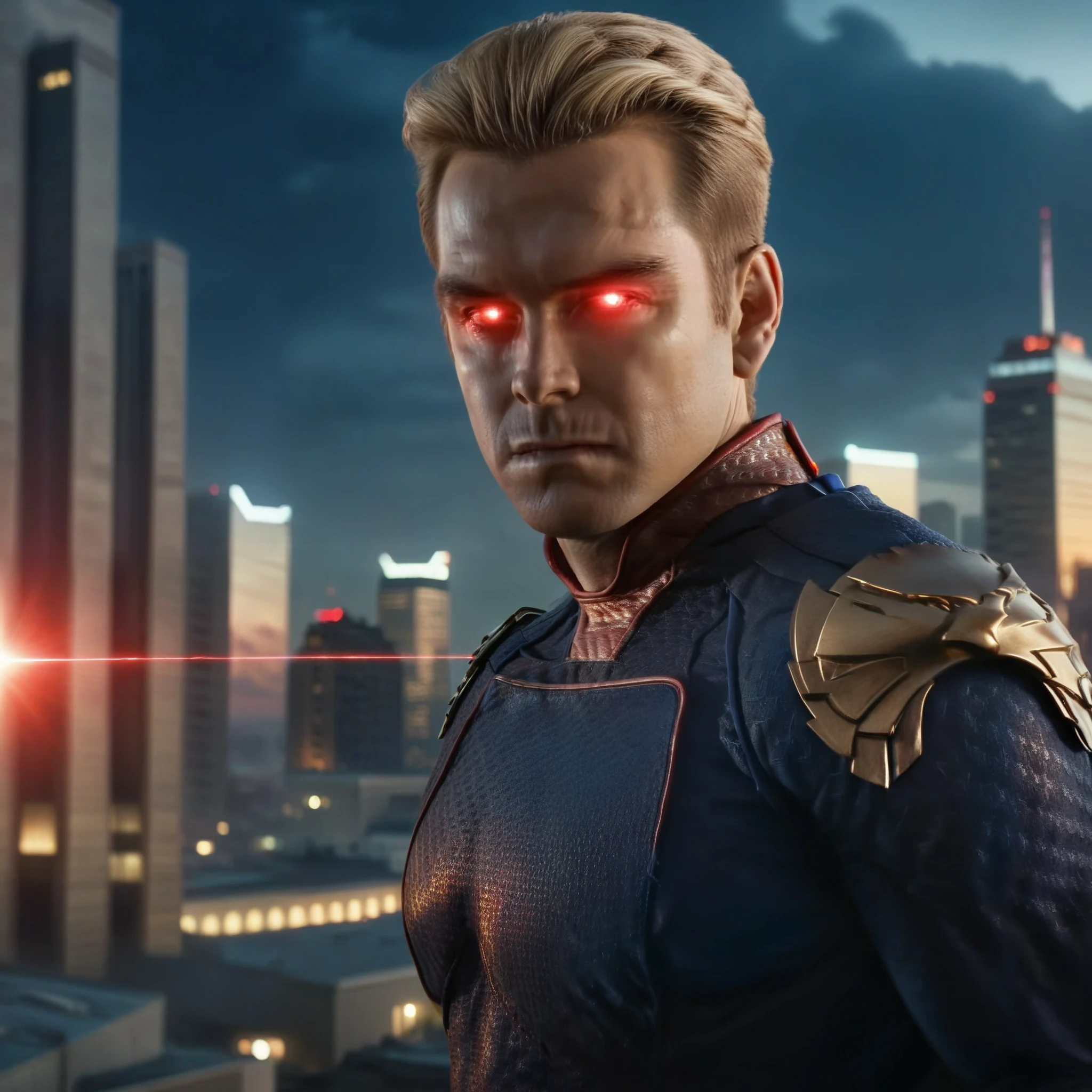 a powerful evil superhero homelander looking down at a city with a malicious gaze, red glowing eyes, preparing to unleash a laser beam, cinematic dramatic lighting, dark moody sci-fi atmosphere, highly detailed, 8k, photorealistic, award winning concept art