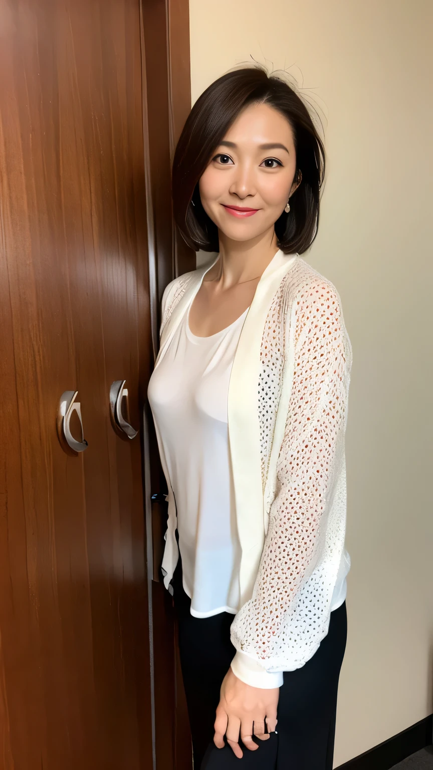 Dark brown hair, Light brown eyes, Japanese women, teacher、40 years old, Intricate details, Full body photo, (Detailed eyes), (Detailed facial features), Highest quality, Ultra-high resolution, 8k resolution, Written boundary depth, School corridor, Medium sized breasts, Wearing a thin white blouse, (short hair), (View your audience), (Standing in a sexy pose)、Maxi pencil skirt、High heels、
