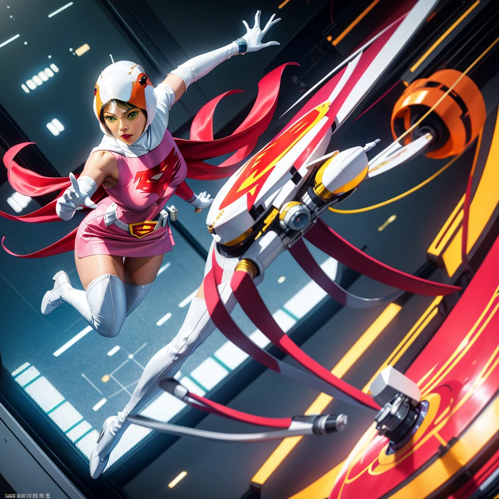 ANI_CLASSIC_jun_gatchaman_ownwaifu,1girl, 15yo,good anatomy, masterpiece, best quality,realistic, hyperrealistic, 16k hdr, long hair,breasts,green eyes,lips,large breasts,lipstick,makeup,gloves,cape,helmet,belt,elbow gloves,white gloves,mask,ultra miniskirt,leotard,spacesuit,white tight overknee highheels boots,pink dress,superhero,bodysuit,cleavage,erected nipples,(sexy pose,view from above),(spread legs:1.1),cameltoe