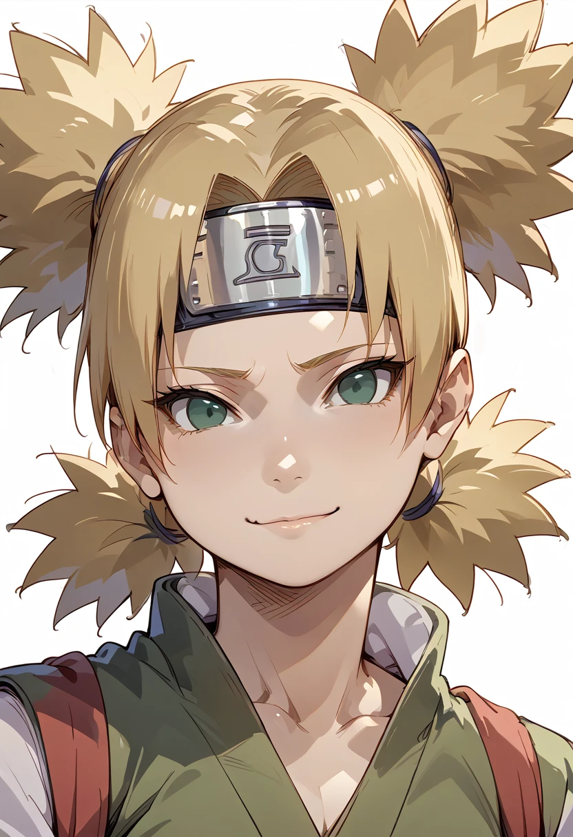 (score_9,score_8_up,score_7_up),1woman,source_anime, temari nara, naruto, upper body, tilted head, solo, closed mouth, looking at viewer, warm smile, tired smile, simple background, white background