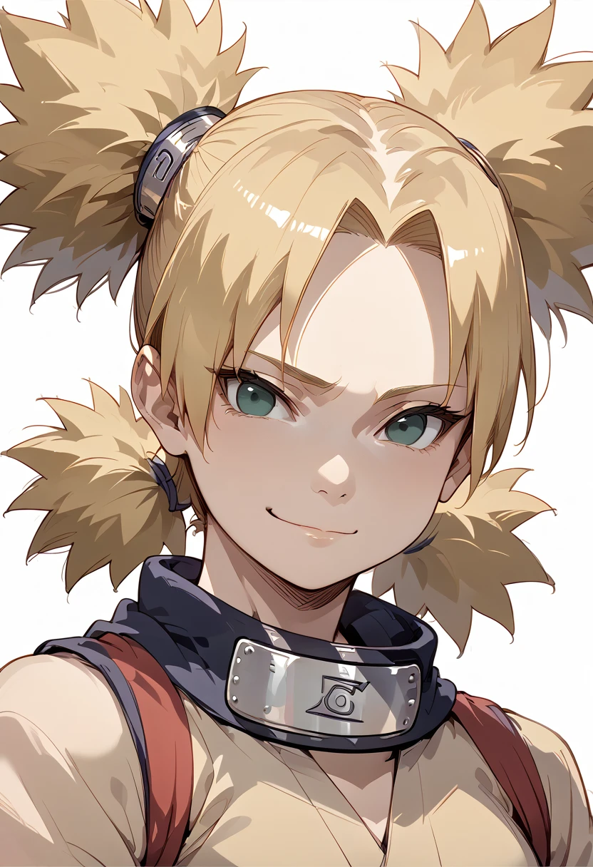 (score_9,score_8_up,score_7_up),1woman,source_anime, temari nara, naruto, upper body, tilted head, solo, closed mouth, looking at viewer, warm smile, tired smile, simple background, white background