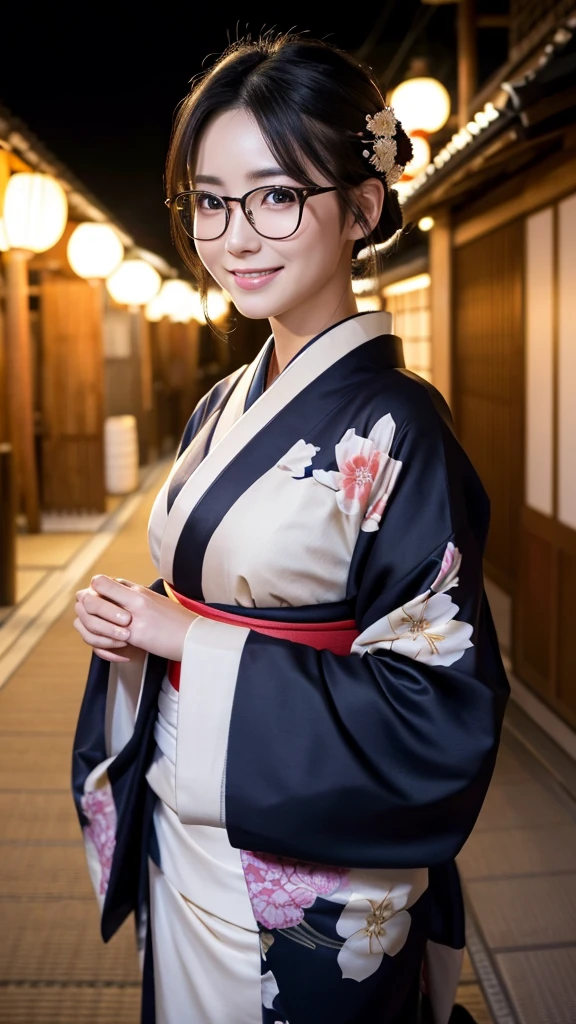 (Super beautiful woman in kimono)、((highest quality、8K masterpiece:1.3))、sharp focus:1.2、(super beautiful face:1.0)、(shiny skin:1.0)、realistic pictures、black hair、video lighting、High resolution eyes and face、video lighting、japanese actress、from the front、big breasts、with a happy smile、Slender abs beauty、whole body、wearing a kimono、in Kyoto、(((luxury obi)))、In Kyoto at night、wearing glasses with no edge、with a fan、Fireworks Display