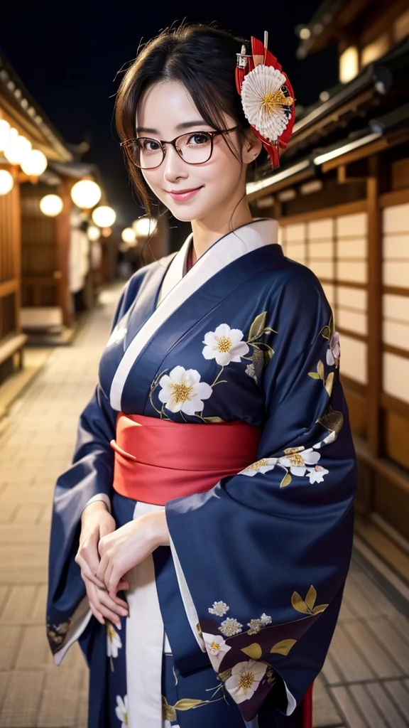 (Super beautiful woman in kimono)、((highest quality、8K masterpiece:1.3))、sharp focus:1.2、(super beautiful face:1.0)、(shiny skin:1.0)、realistic pictures、black hair、video lighting、High resolution eyes and face、video lighting、japanese actress、from the front、big breasts、with a happy smile、Slender abs beauty、whole body、wearing a kimono、in Kyoto、(((luxury obi)))、In Kyoto at night、wearing glasses with no edge、with a fan、Fireworks Display