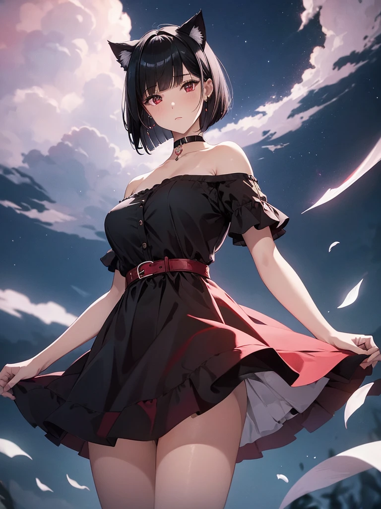 Delicate and dainty young woman with shiny bob-cut black hair and cat ears. She is wearing an off-the-shoulder bright red mini-skirt dress. The background is a fantastic and ethereal night sky that seems to be haunted by a specter. Her expression is stern and atmospheric. Angle from directly below.