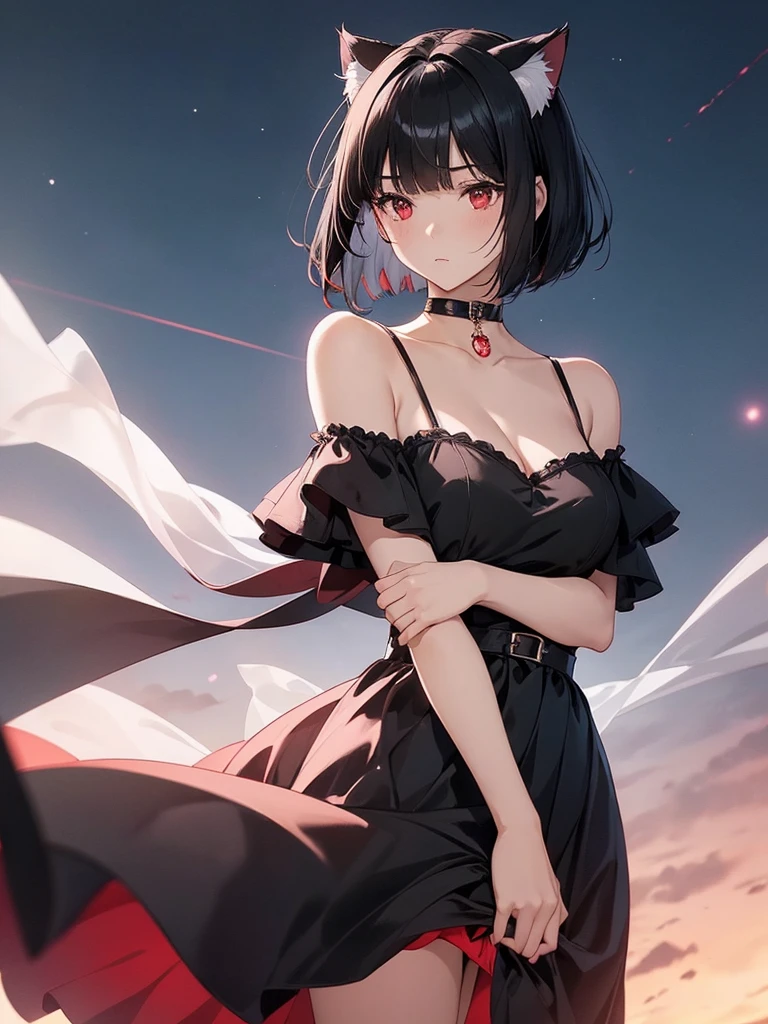 Delicate and dainty young woman with shiny bob-cut black hair and cat ears. She is wearing an off-the-shoulder bright red mini-skirt dress. The background is a fantastic and ethereal night sky that seems to be haunted by a specter. Her expression is stern and atmospheric. Angle from directly below.