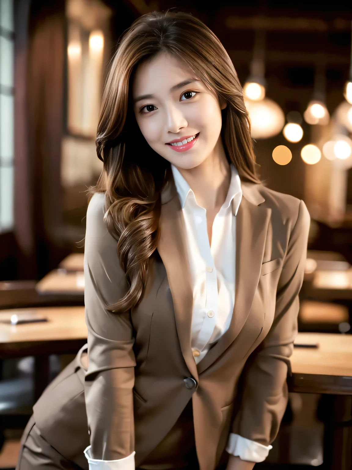 Masterpiece, best quality, realistic, very detailed, finer details, high resolution, 8k wallpaper, beautiful woman, wearing casual business clothes, great restaurant, night, light brown messy hair, long hair, perfect dynamic composition, beautiful and beautiful eyes, smiling, (body is in a turning around position), (Random body orientation : 1.4),