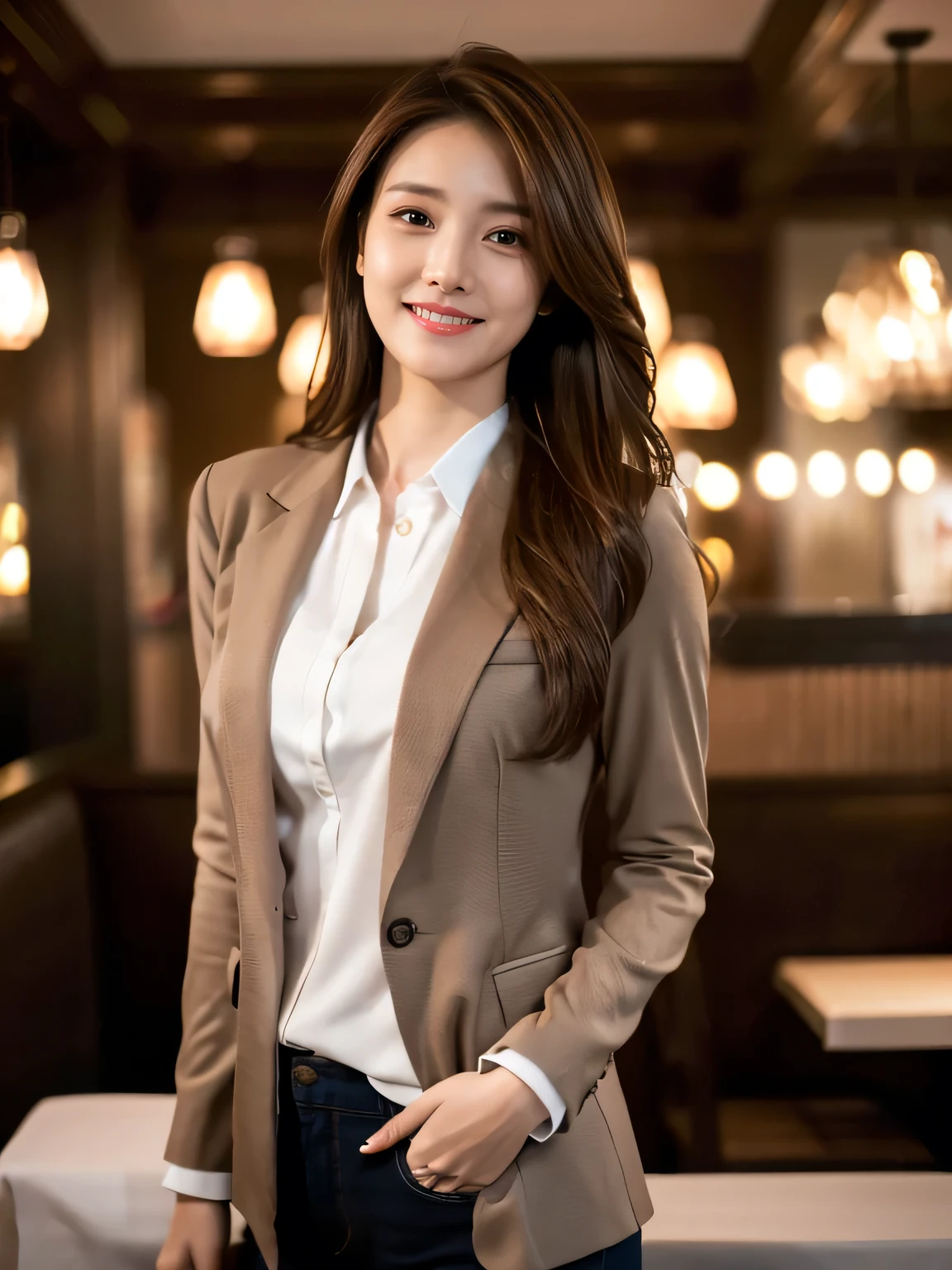 Masterpiece, best quality, realistic, very detailed, finer details, high resolution, 8k wallpaper, beautiful woman, wearing casual business clothes, great restaurant, night, light brown messy hair, long hair, perfect dynamic composition, beautiful and beautiful eyes, smiling, (body is in a turning around position), (Random body orientation : 1.4),