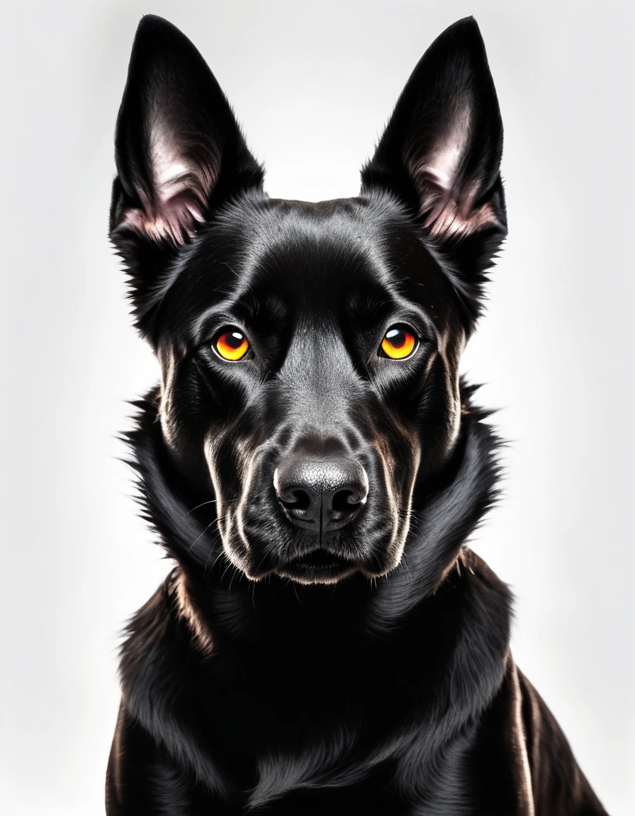 Black silhouette of a dog, only glowing eyes visible, eyes glowing menacingly, white baknk background, horror movie style