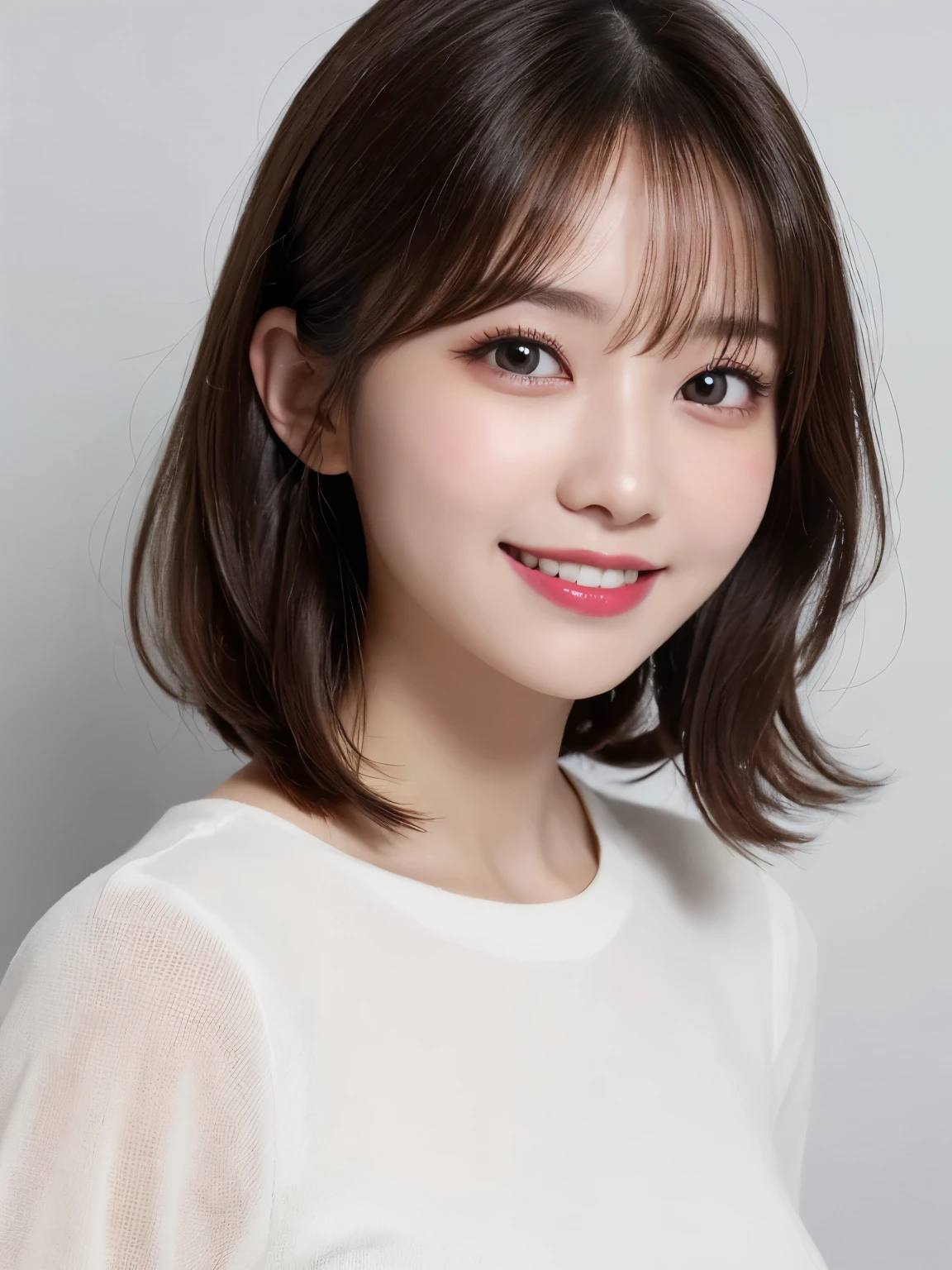 white background, bust shot, tabletop, looks happy, smile, short hair, highest quality, shape, Super detailed, finely, High resolution, 8k wallpaper, Perfect dynamic shape, beautiful and detailed eyes, D cup, natural color lip,smile、20 year old girl, Beautiful and dense face、perfect and beautiful face,Big eyes、real photos（best image quality）, blouse (white)、looking at camera、Please stand、Do gal makeup