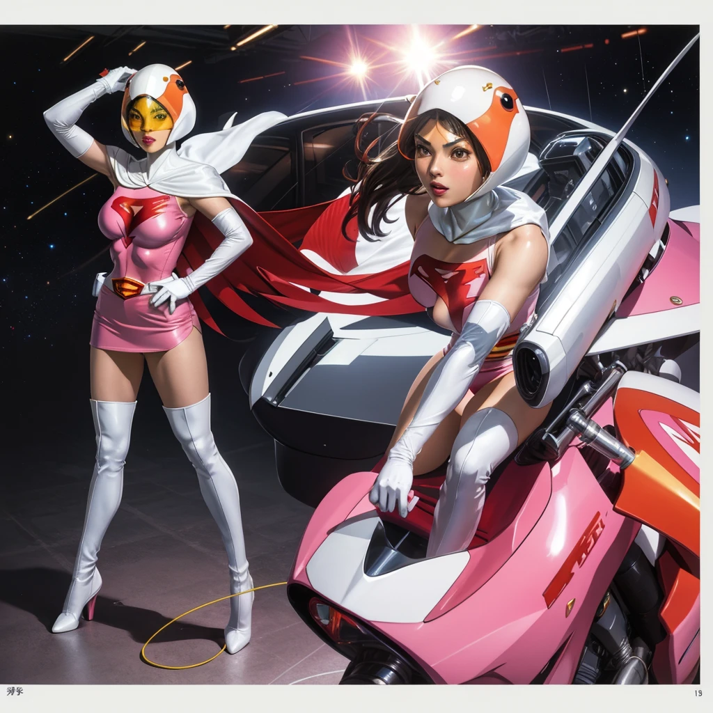 ANI_CLASSIC_jun_gatchaman_ownwaifu,1girl, yo,good anatomy, masterpiece, best quality,realistic, hyper realistic, 16k hdr, long hair,breasts,lips,large breasts,lipstick,makeup,gloves,cape,helmet,belt,elbow gloves,white gloves,mask,ultra miniskirt,leotard,spacesuit,white tight overknee highheels boots,pink dress,superhero,bodysuit,cleavage,erected nipples,(fighting poses),cameltoe