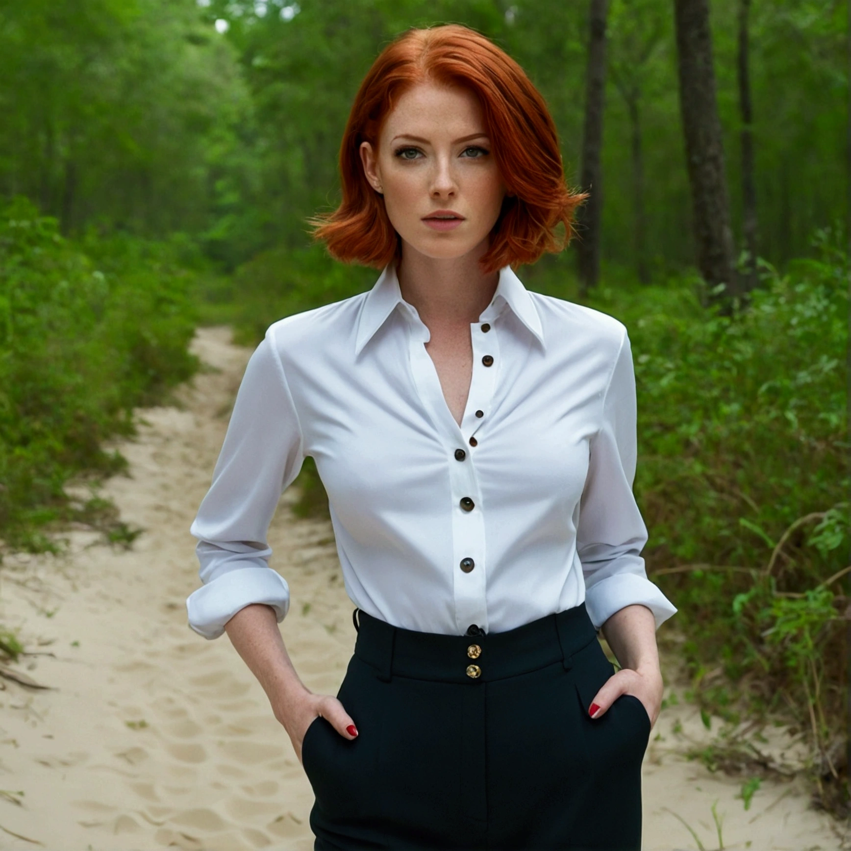 serious woman, Red hair , shy, sehr lange Red hair, wears a strict blouse, Bluse bis oben buttoned up, visible buttons on the blouse, ,Sleeve style suit, fullbody, perfect, other pose, buttoned up, serious clothing style, Business Woman, in forest, wide angle, Kragen buttoned up, strictly dressed, tightly zipped shirt, buttonGap, Photo on the beach, --ar 1:1 -- in 5.2