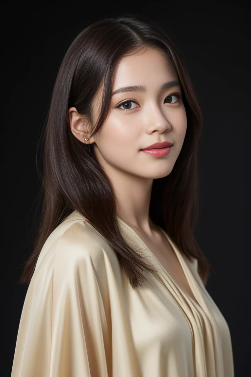 
creates a photograph of a beautiful 22 year old girl, perfect silhouette, full body, medium bust, (long hair: 1.2), very detailed facial and skin texture, detailed eyes, double eyelid work, brown jacket, white silk blouse, amber trousers, sincere smile ((best quality, 8K, masterpiece :1. 3)), sharp focus :1.2, perfect silhouette beautiful woman:1.4, Abdominaux minces:1.2, , (natural light, La rue de la ville:1.1), taken in studio with black gradient background.