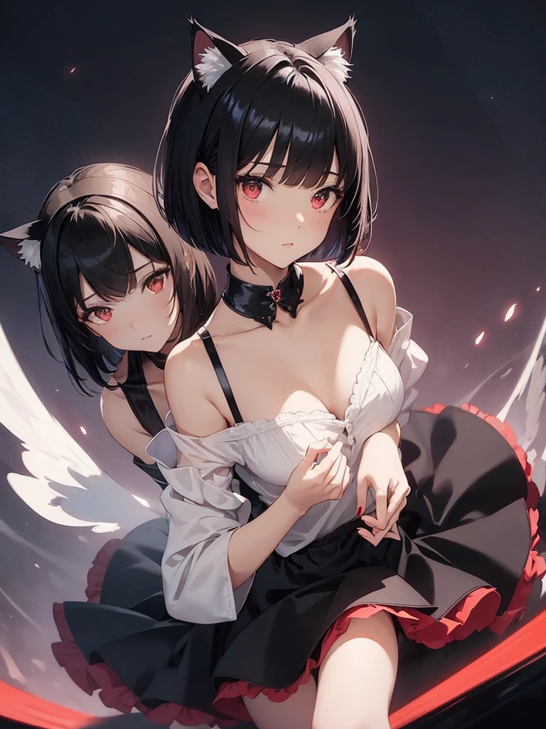 Delicate and dainty young woman with shiny bob-cut black hair and cat ears. She is wearing an off-the-shoulder bright red mini-skirt dress. The background is a fantastic and ethereal night sky that seems to be haunted by a specter. Her expression is stern and atmospheric. Angle from directly below.