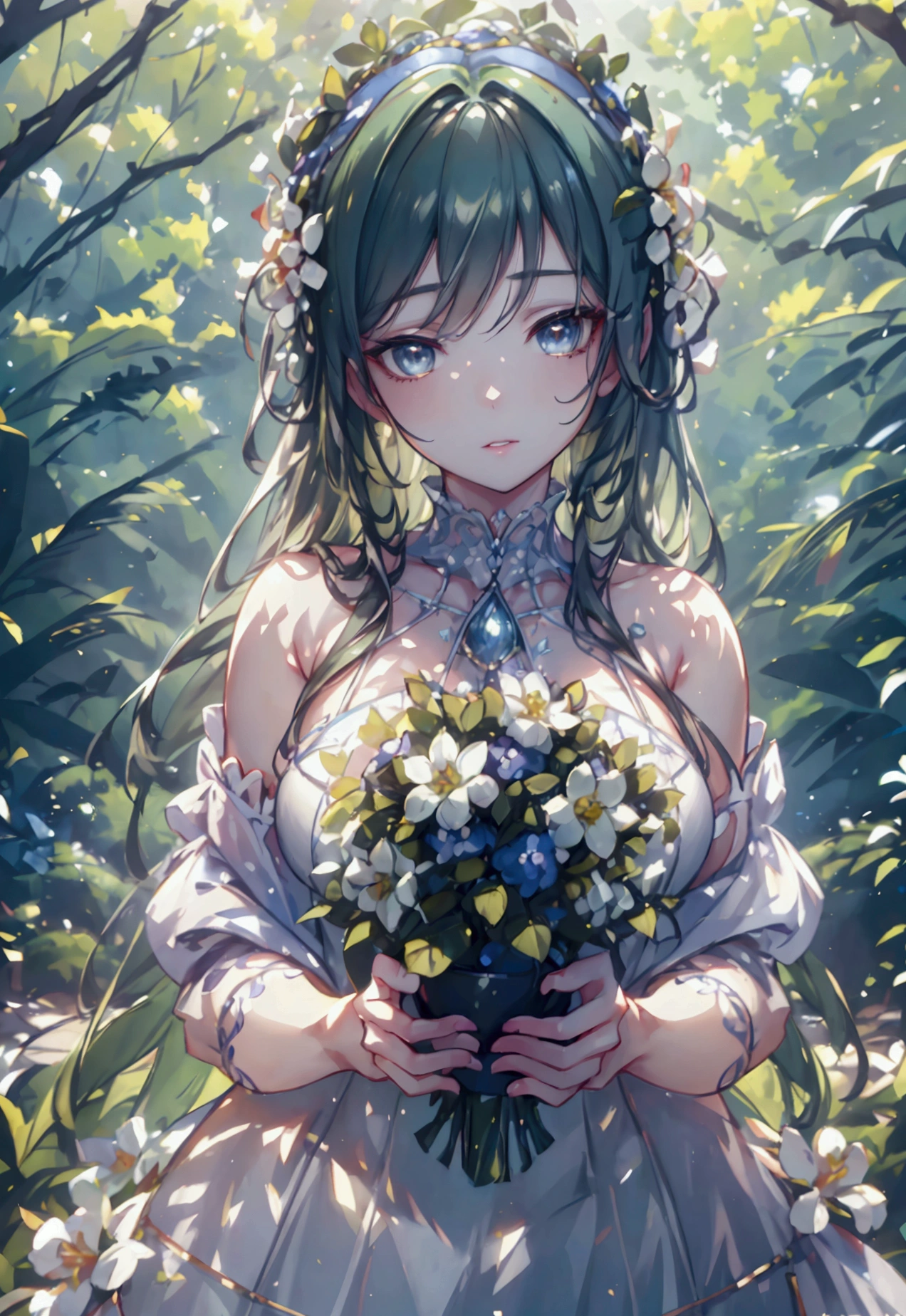 a young woman with soft, glowing skin, beautiful detailed eyes, beautiful detailed lips, extremely detailed face, longeyelashes, serene expression, wearing a flowing white dress, standing in a lush garden with colorful flowers, sunlight filtering through the trees, (best quality,4k,8k,highres,masterpiece:1.2),ultra-detailed,(realistic,photorealistic,photo-realistic:1.37),natural lighting,vibrant colors,detailed background,intricate details