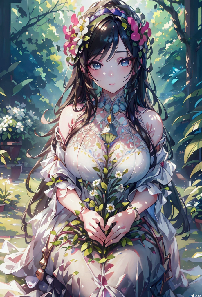 a young woman with soft, glowing skin, beautiful detailed eyes, beautiful detailed lips, extremely detailed face, longeyelashes, serene expression, wearing a flowing white dress, standing in a lush garden with colorful flowers, sunlight filtering through the trees, (best quality,4k,8k,highres,masterpiece:1.2),ultra-detailed,(realistic,photorealistic,photo-realistic:1.37),natural lighting,vibrant colors,detailed background,intricate details