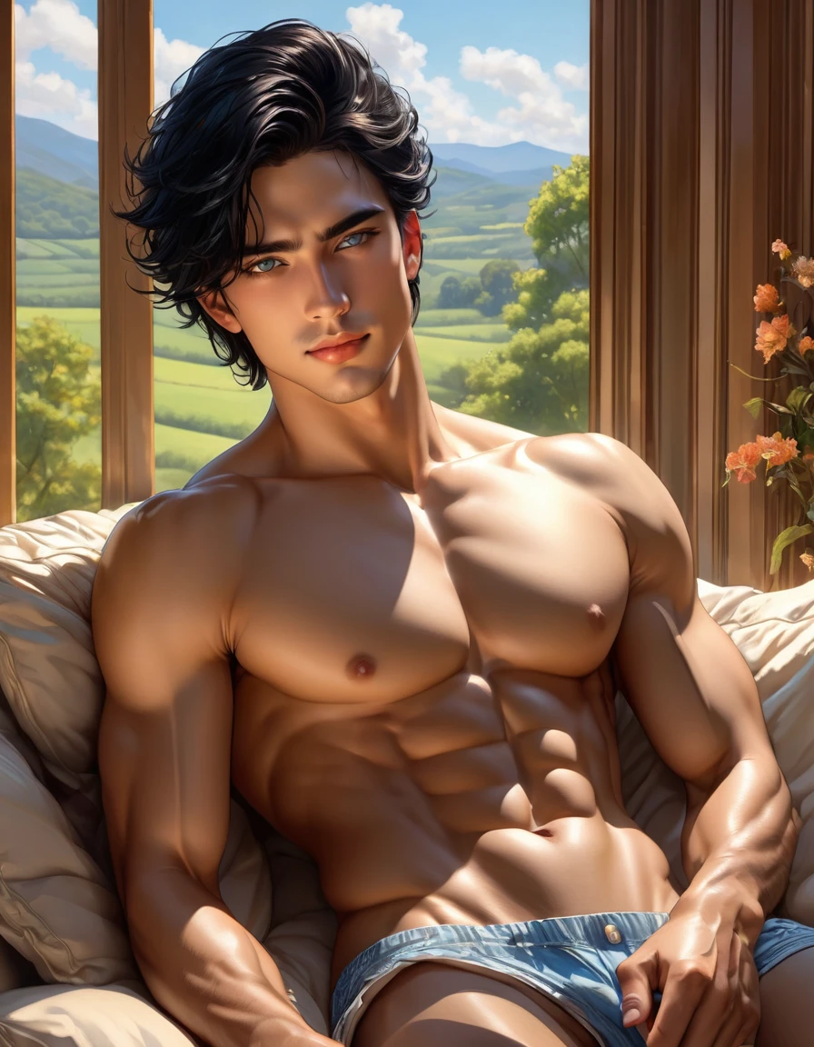 anime+yaoi+hentay style
homoerotism illustration , symetric composition,
oil painting in paul chabas and paul cadmus style, vivid colors, intricated details,
A stunning naked young man spread legs sitting on the couch erected penis, in the living room with large window to see the forest, shirtless, pantless, barefoot, and gazes directly at the viewer with bright blue eyes and a happy expression. His black hair falls across his square chin, and his full lips curve upward in a smile. The lighting is warm and intimate, casting no shadows. In the background, cotton fields stretch out behind a grand plantation house. Focus on ultra-detailed rendering of his pecs, abs, biceps, and shoulders, with a hint of waist definition. The painting style is classical, with an emphasis on fine details like skin texture and facial features. The young man's body tilts slightly to one side, drawing the viewer's eye to his smooth and delicate skin. His eyes are big and delicate, open wide in a sensual gaze that seems to beckon the viewer closer. The overall atmosphere is one of lustful intensity, with deep colors and a sense of intimacy. The depth of field is 1.2, allowing for a clear view of the subject's abdominal muscles