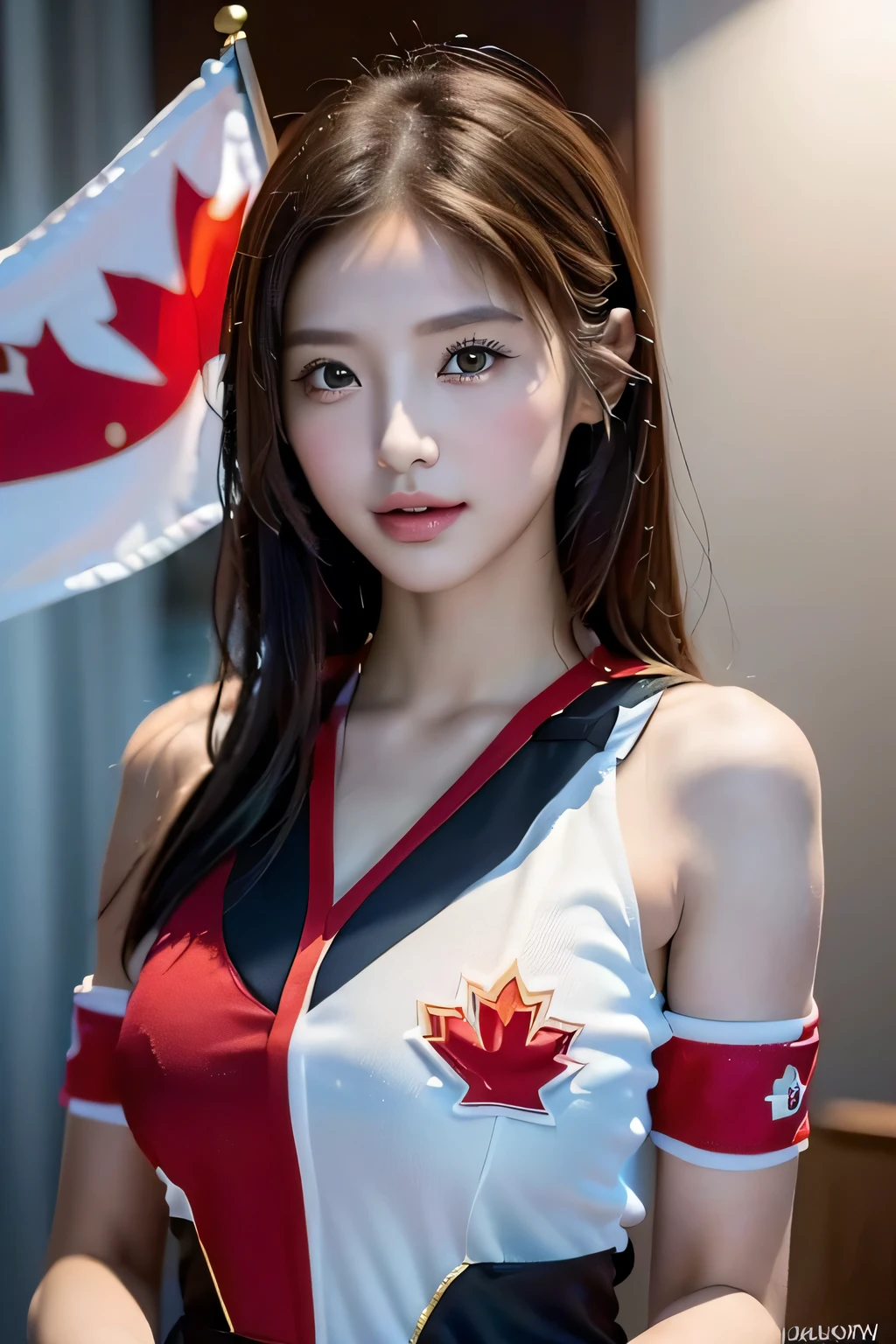 (((Women supporting the Paris Olympics:1.3))),(((Canadian flag themed costume:1.3))),(((Cute woman:1.3))),(Maple Leaf Flag),(masterpiece,Highest quality,Ultra-high resolution output images,Write Boundary Depth,Intricate details,Add depth to your subject with contrast between light and shadow,Anatomically correct facial structure),(Picture Mode Ultra HD,)