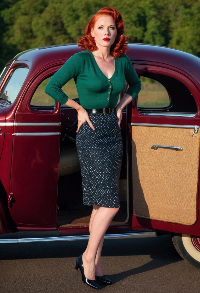40-year-old woman standing next to a 1940s sedan, midi skirt, pullover, bullet Bra, shining skin, dramatic lighting, sexly, suprised, , colorfully, shining skin, face detailed. tight body. Red hair, face detailed, detailed hands, detailed legs,
