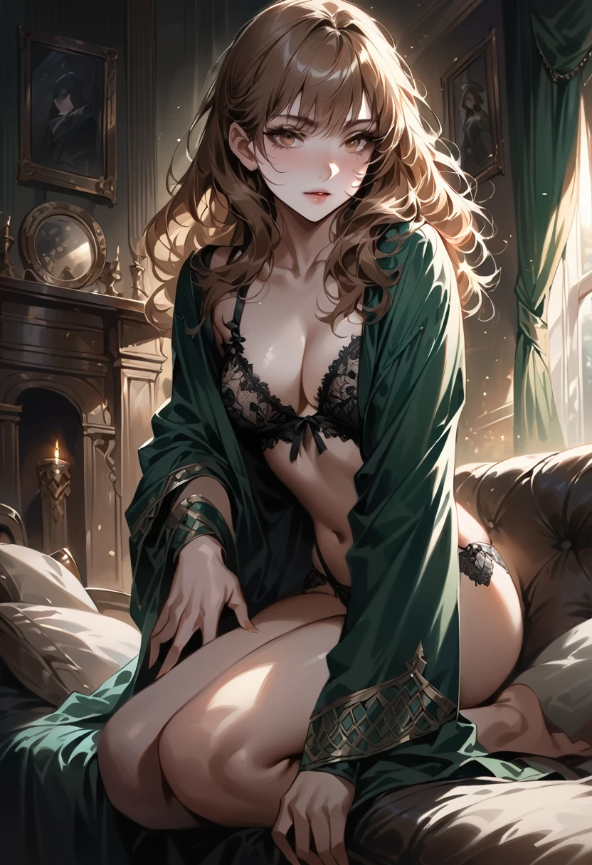 realistic looking Hermione Granger,lingerie,brown curly hair,white skin,sexy pose,Slytherin living room,dramatic lighting,intricate details,masterpiece,high quality,cinematic composition,