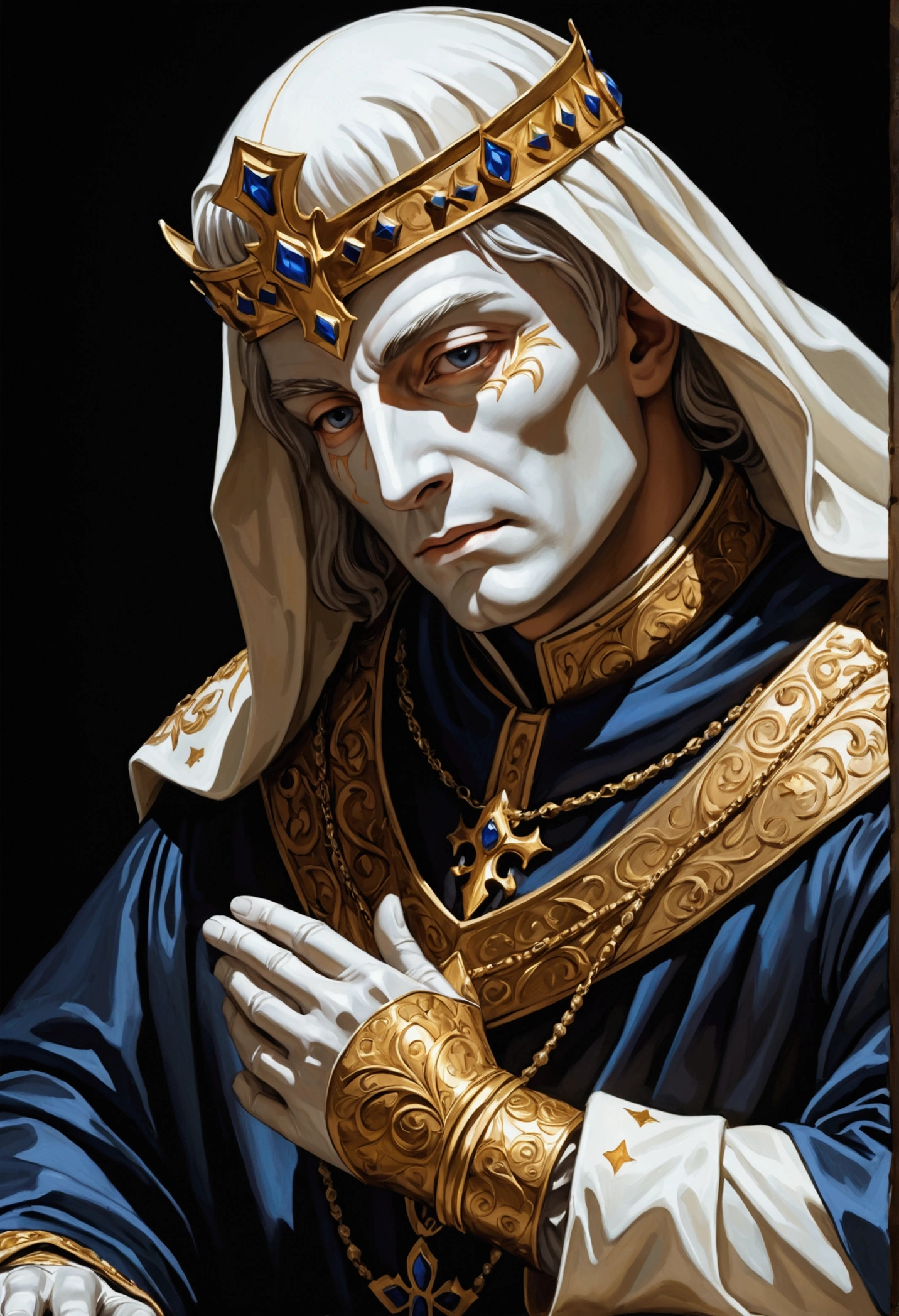 "A detailed image of Baldwin IV lying as if dead. He is depicted in realistic detail, wearing his silver mask and regal robes, with his hands crossed over his chest. The focus is entirely on Baldwin, with a black background to emphasize the somber and solemn atmosphere."
Size: "1024x1024"