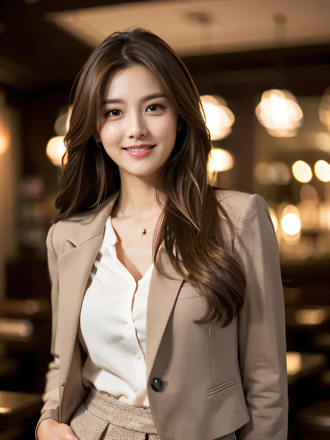 Masterpiece, best quality, realistic, very detailed, finer details, high resolution, 8k wallpaper, beautiful woman, wearing casual business clothes, great restaurant, night, light brown messy hair, long hair, perfect dynamic composition, beautiful and beautiful eyes, smiling, (body is in a turning around position), (Random body orientation : 1.4),