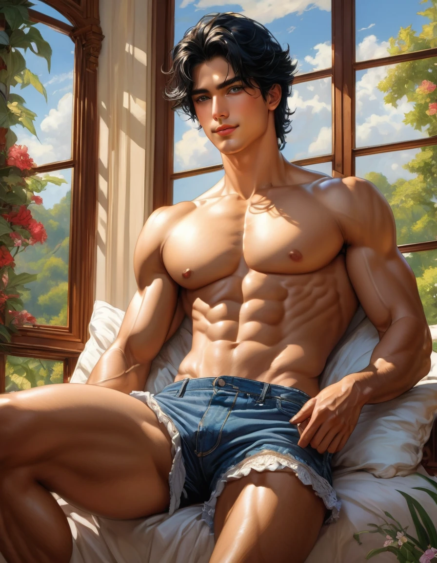anime+yaoi+hentay style homoerotism illustration , symetric composition, oil painting in paul chabas and paul cadmus style, vivid colors, intricated details, A stunning naked young man spread legs sitting on the couch erected penis, in the living room with large window to see the forest, shirtless, pantless, barefoot, and gazes directly at the viewer with bright blue eyes and a happy expression. His black hair falls across his square chin, and his full lips curve upward in a smile. The lighting is warm and intimate, casting no shadows. In the background, cotton fields stretch out behind a grand plantation house. Focus on ultra-detailed rendering of his pecs, abs, biceps, and shoulders, with a hint of waist definition. The painting style is classical, with an emphasis on fine details like skin texture and facial features. The young man's body tilts slightly to one side, drawing the viewer's eye to his smooth and delicate skin. His eyes are big and delicate, open wide in a sensual gaze that seems to beckon the viewer closer. The overall atmosphere is one of lustful intensity, with deep colors and a sense of intimacy. The depth of field is 1.2, allowing for a clear view of the subject's abdominal muscles
