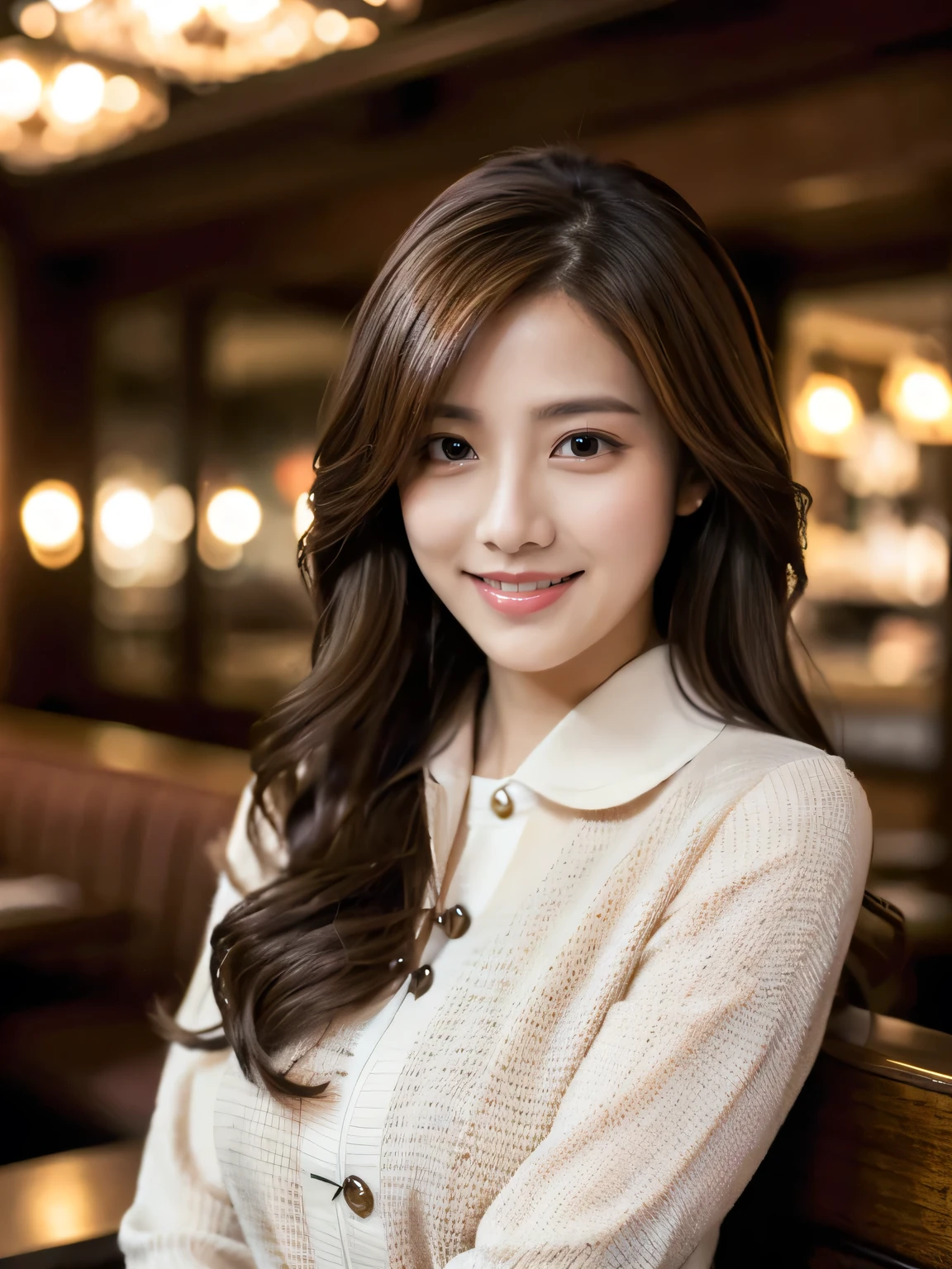 Masterpiece, best quality, realistic, very detailed, finer details, high resolution, 8k wallpaper, beautiful woman, wearing casual business clothes, great restaurant, night, light brown messy hair, long hair, perfect dynamic composition, beautiful and beautiful eyes, smiling, (body is in a turning around position), (Random body orientation : 1.4),