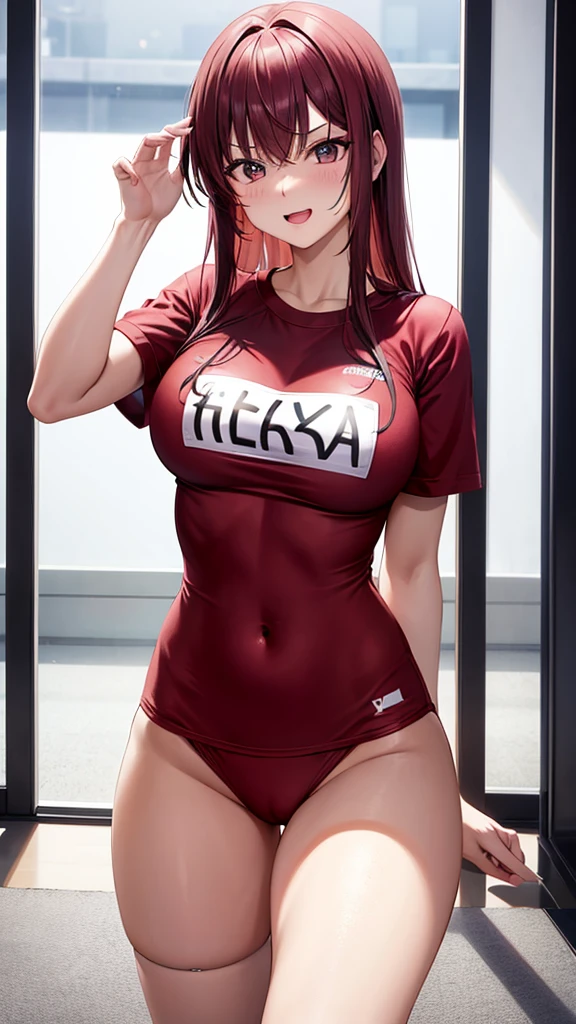 kei (dirty pair) (cosplay), 32-years-old femaile. Dark red long hair with bangs to the eyebrows. Wearing a sexy gym uniform. Sexy pose. In the gym. Looking bashful.