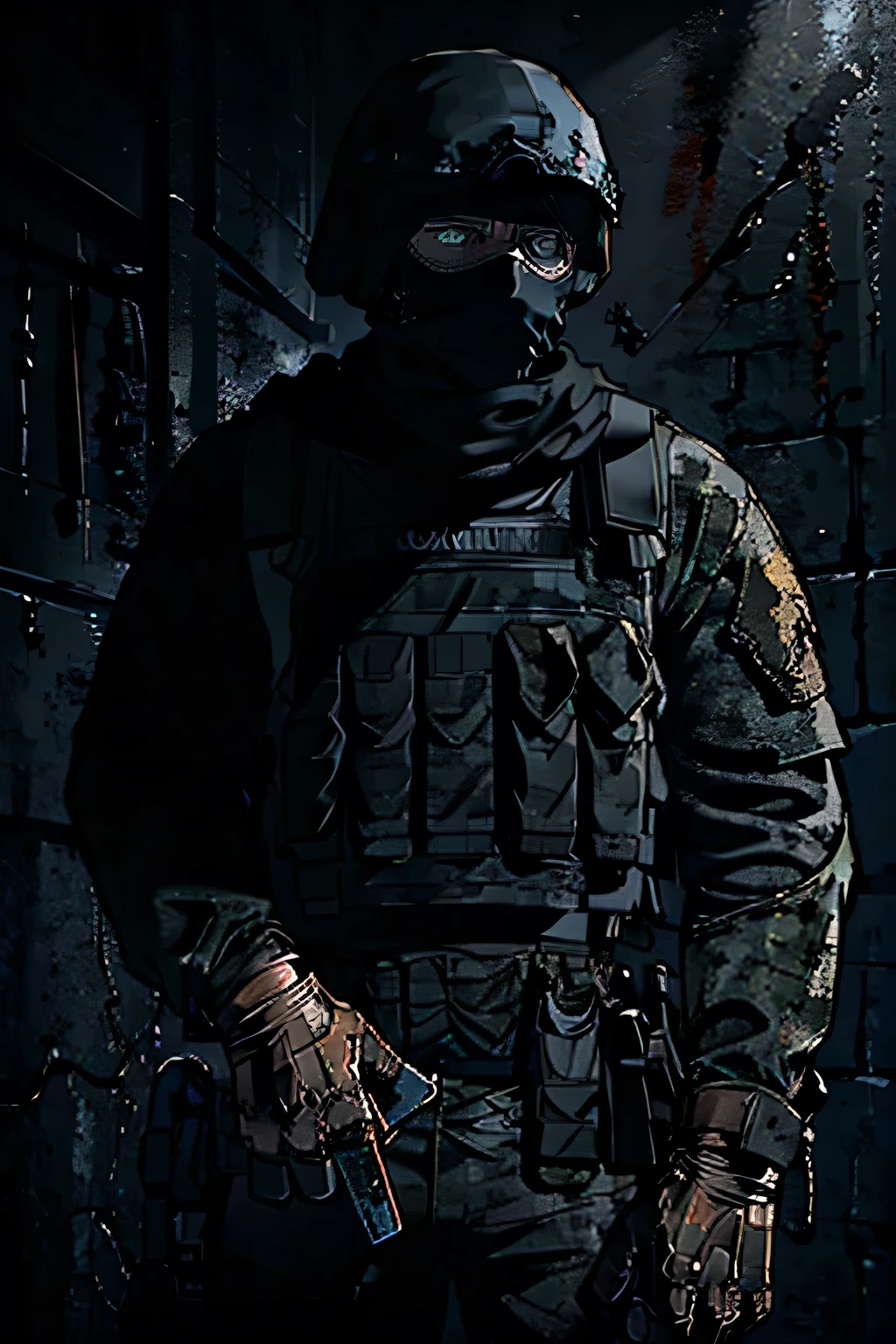 1 male, balaclava masked, scarred body, intimidating, scary, high resolution, extremely detailed eyes, army outfit, soldier, knife in holster, gun in hand, cinematic lighting, dramatic shadows, gritty texture, dark moody atmosphere, realistic rendering, upper body, bloody, blood everywhere. black camo outfit.