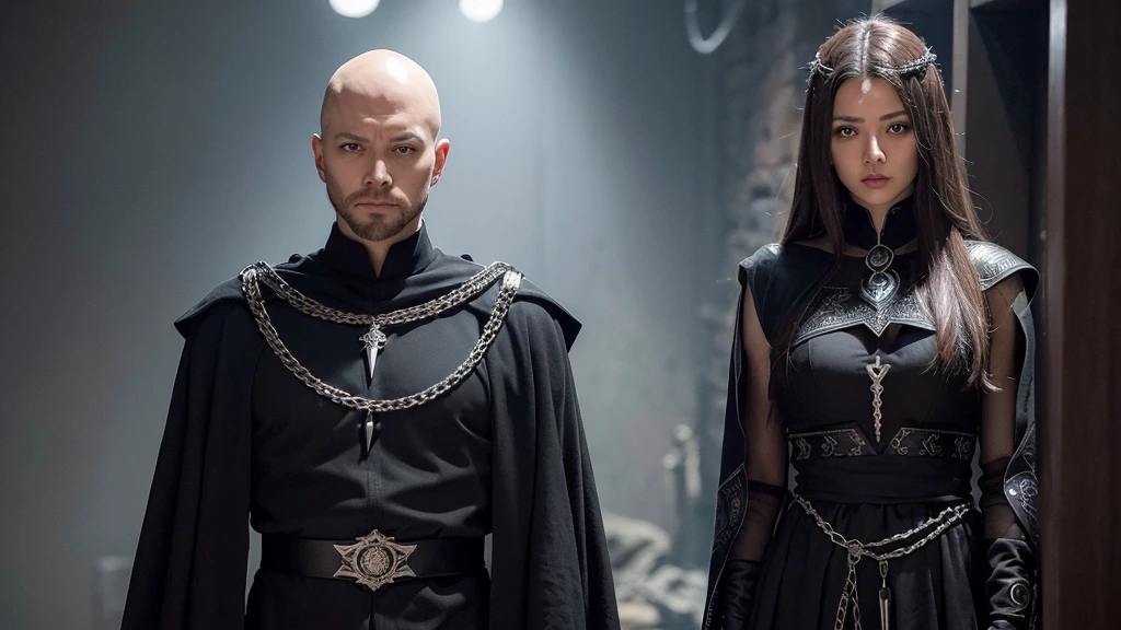 Create an image of Pinhed, the leader of the cenobites, from the waist up, with pale face and nails nailed to geometric patterns, intense blue eyes, and wearing a black tunic adorned with silver details. He must be standing, with an erect and imposing posture, looking straight forward, in a dark and claustrophobic environment with dark stone walls and chains hanging in the background.