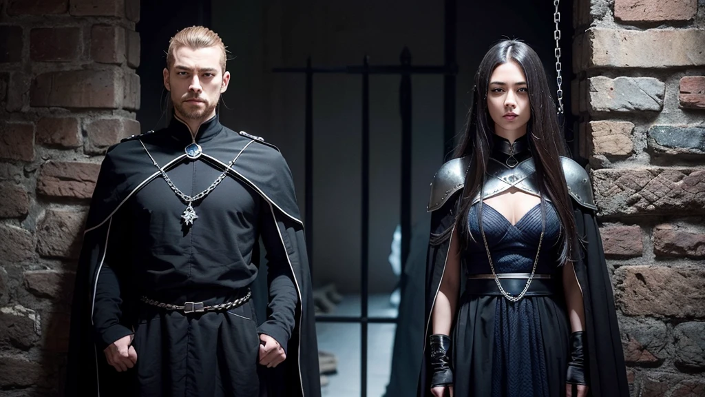 Create an image of Pinhed, the leader of the cenobites, from the waist up, with pale face and nails nailed to geometric patterns, intense blue eyes, and wearing a black tunic adorned with silver details. He must be standing, with an and imposing posture, looking straight forward, in a dark and claustrophobic environment with dark stone walls and chains hanging in the background.