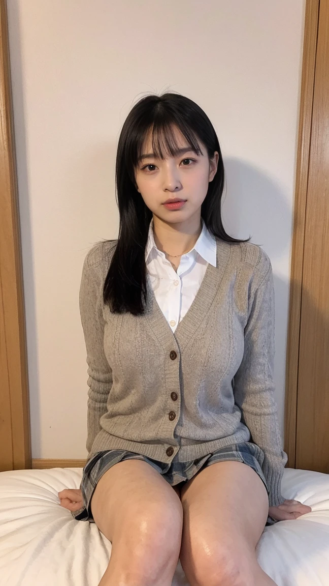 (((8k、High resolution、Highest quality、High resolution)))alone、Natural body shape、White skin、Natural Makeup、Black Hair、bangs、Straight Long Hair、、((High School Uniform)) 、((Beige cardigan、white collared long sleeve blouse))、((Red Plaid Pleated Skirt))、(red school ribbon)、、(Big Breasts:1.3)、((The upper body is wearing a uniform))、(((((Looking into the camera)))))、(((Head to shin portrait)))、(((Exposing thighs)))、Bedroom、On the bed、Sit with your legs apart、((Focus on the crotch))、White socks