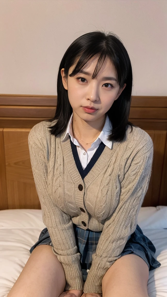 (((8k、High resolution、Highest quality、High resolution)))alone、Natural body shape、White skin、Natural Makeup、Black Hair、bangs、Straight Long Hair、、((High School Uniform)) 、((Beige cardigan、white collared long sleeve blouse))、((Red Plaid Pleated Skirt))、(red school ribbon)、、(Big Breasts:1.3)、((The upper body is wearing a uniform))、(((((Looking into the camera)))))、(((Head to shin portrait)))、(((Exposing thighs)))、Bedroom、On the bed、Sit with your legs apart、((Focus on the crotch))、White socks