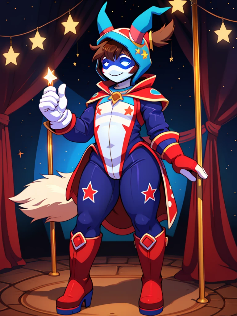 ((crossdresser)), (((1boy)))), (((solo))), ((((alone)))), ((lomg dark brown hair)), ((fully enclosed smiling white jester helmet)), ((blue glowing eyes)), ((jester hat)), (((faceless))), (((no face))), (((hidden face))), ((((brown skin)))), wide hips, narrow waist, thick thighs, standing in a circus tent, ((flat chest)), (((full body skin tight colourful(white blue red) jester suit with star decals))), (red boots), ((white gloves)), ((tall))