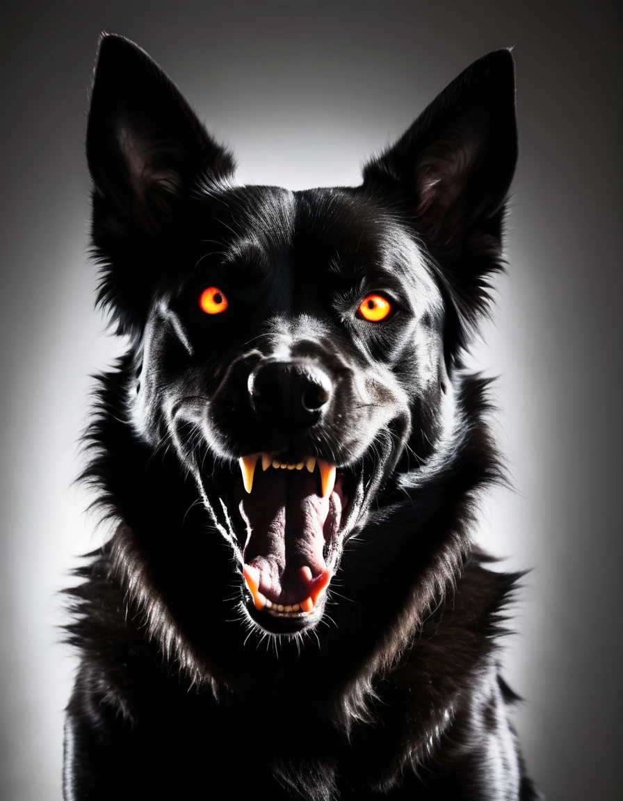 Black silhouette of a vicious dog, violent looking dog, showing fangs, only glowing eyes visible, eyes glowing menacingly, white baknk background, horror movie style