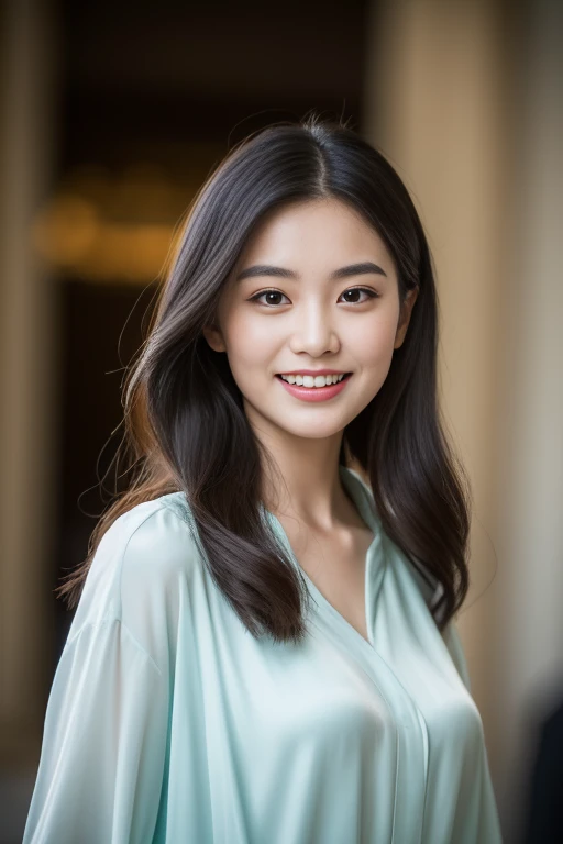 creates a photograph of a beautiful 22 year old woman, perfect silhouette, full body, medium bust, (long hair: 1.2), very detailed facial and skin texture, detailed eyes, double eyelid work, blue jacket white silk blouse, white trousers, sincere smile ((best quality, 8K, masterpiece :1. 3)), sharp focus :1.2, perfect silhouette beautiful woman:1.4, Abdominaux minces:1.2, , (natural light, La rue de la ville:1.1), taken in office