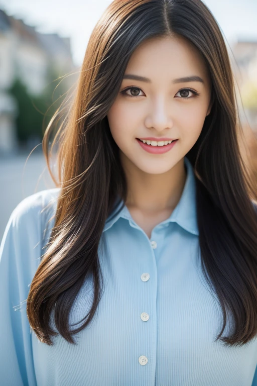 creates a photograph of a beautiful 22 year old woman, perfect silhouette, full body, medium bust, (long hair: 1.2), very detailed facial and skin texture, detailed eyes, double eyelid work, blue jacket white silk blouse, white trousers, sincere smile ((best quality, 8K, masterpiece :1. 3)), sharp focus :1.2, perfect silhouette beautiful woman:1.4, Abdominaux minces:1.2, , (natural light, La rue de la ville:1.1), taken in office