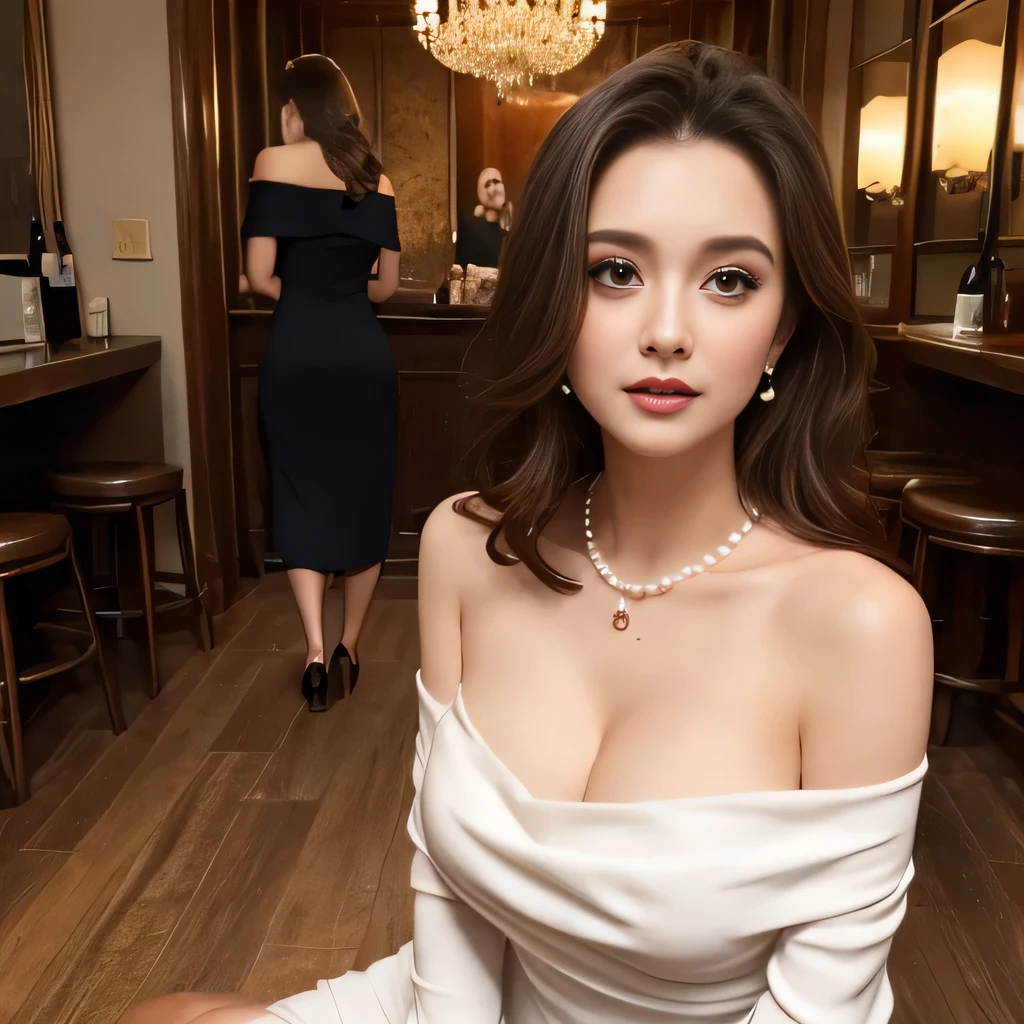 Plunge Cowl Neck Dress , open chest, deep cleavage, pearl necklace, 3 women, pub, off shoulder, kneeling, drunk